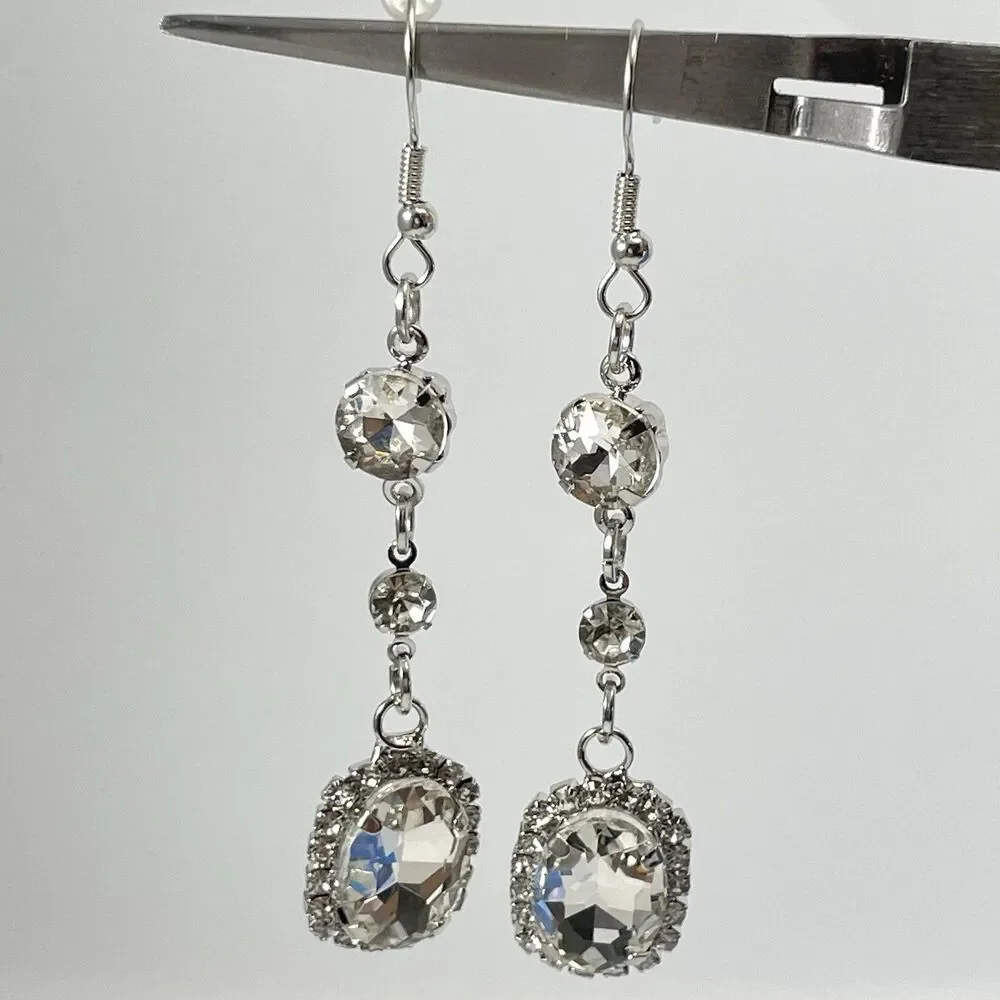 Silver Tone White Glass Halo Rhinestone Dangle Earrings Bling Hook Setting